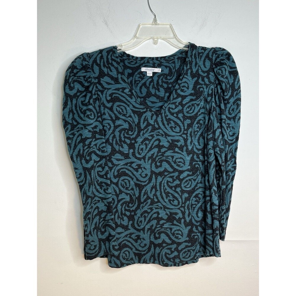 Chicos Sz 3 Blue Damask Art Print Moroccan Long sleeve blouse (15)